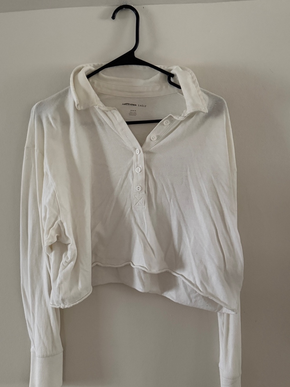 American Eagle Outfitters White Cropped Polo Long-Sleeve Shirt
